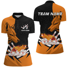 Load image into Gallery viewer, Black and Orange Flame Bowling Polo, 1/4 Zip Shirts For Women Custom Wolf Bowling Team League Jersey NQS8643