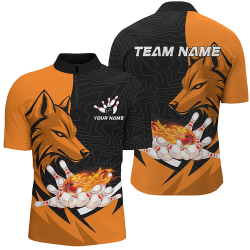 Black and Orange Flame Bowling Polo, Quarter Zip Shirts For Men Custom Wolf Bowling Team League Jersey NQS8643