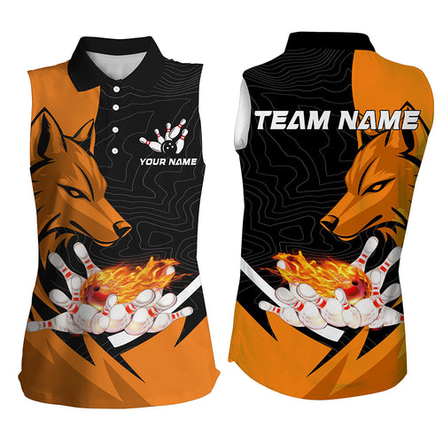 Black and Orange Flame Bowling sleeveless polo Shirts For Women Custom Wolf Bowling Team League Jersey NQS8643