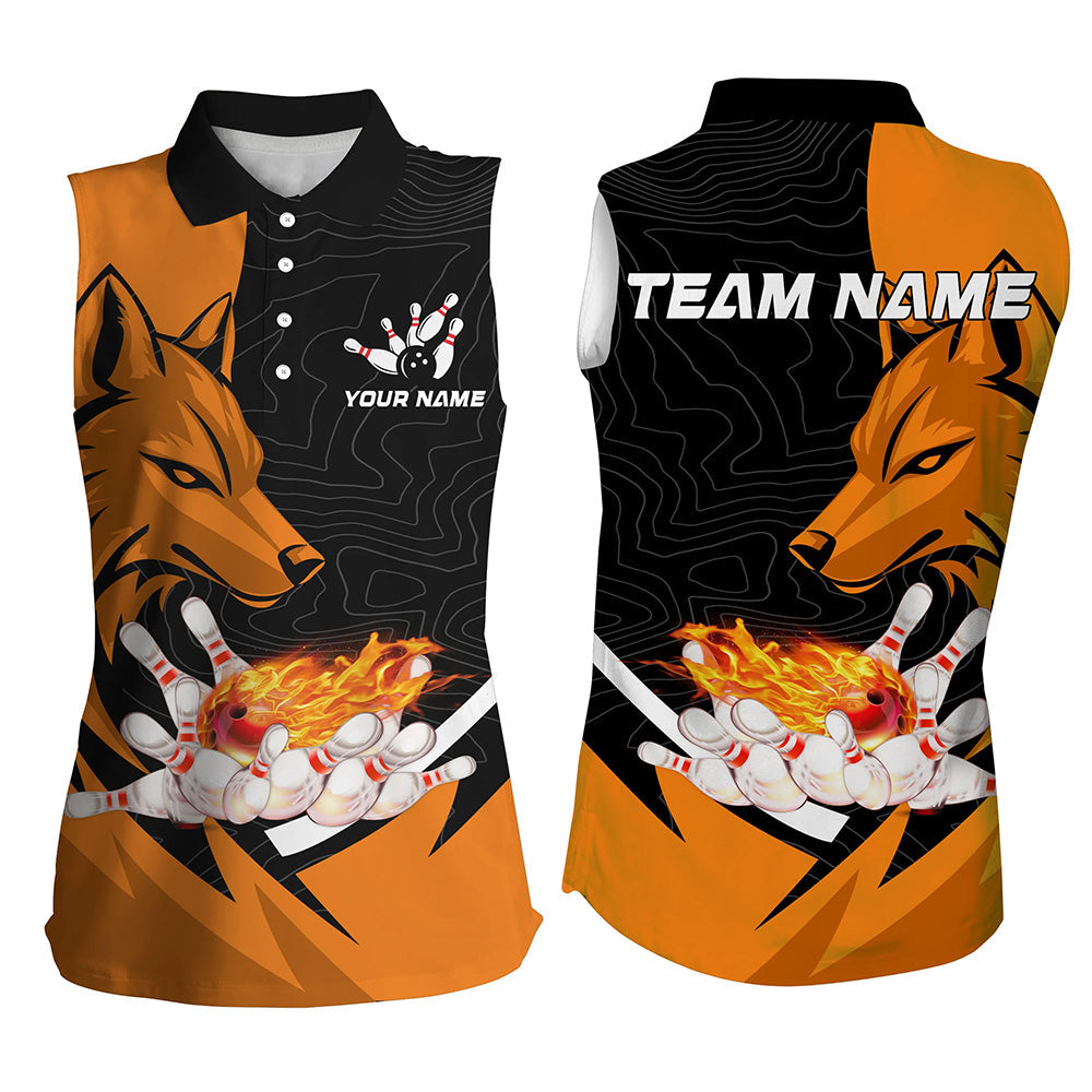 Black and Orange Flame Bowling sleeveless polo Shirts For Women Custom Wolf Bowling Team League Jersey NQS8643