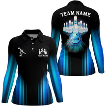 Load image into Gallery viewer, Black and Blue Light Bowling Polo, 1/4 Zip Shirts For Women Custom Bowling Team Jerseys, Bowler Outfit NQS9131