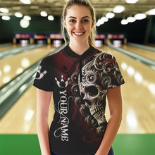 Load image into Gallery viewer, Red and Black Skull Scroll Women Bowling Polo, Quarter Zip Shirts Custom Skull Team bowling Jersey NQS9331