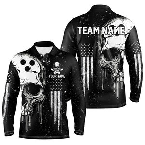 Personalized Black and White grunge American Flag Skull Bowling Team Shirts, Patriotic Bowling Jerseys NQS8601