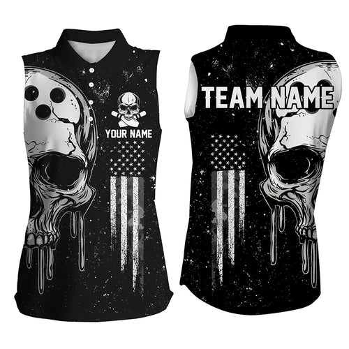 Personalized Black White American Flag Skull Bowling sleeveless polo Shirt, Patriotic Bowling Jersey NQS8601