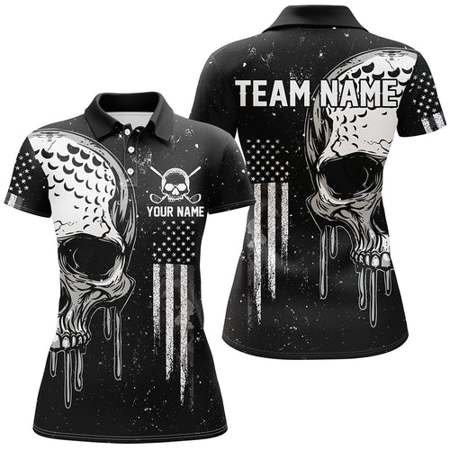 Personalized Black and White American Flag Skull Women golf polo shirts, Patriotic Golf Jerseys NQS8602