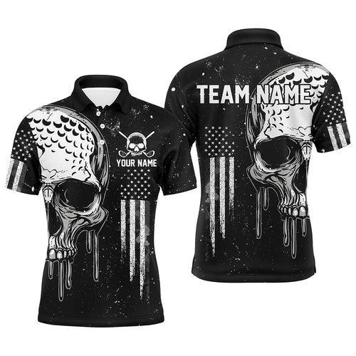 Personalized Black and White American Flag Skull Mens golf polo shirts, Patriotic Golf Jerseys NQS8602