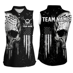 Personalized Black and White American Flag Skull Women sleeveless polo shirts, Patriotic Golf Jerseys NQS8602