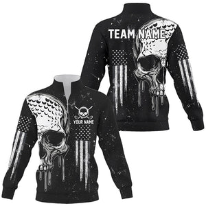 Personalized Black and White American Flag Skull Quarter zip golf sweatshirt, Patriotic Golf Sweater NQS8602