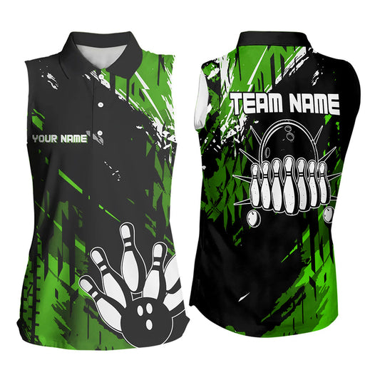 Black and Green Bowling Sleeveless Polo Shirt Custom retro bowling ball pin bowling team league jersey NQS9475