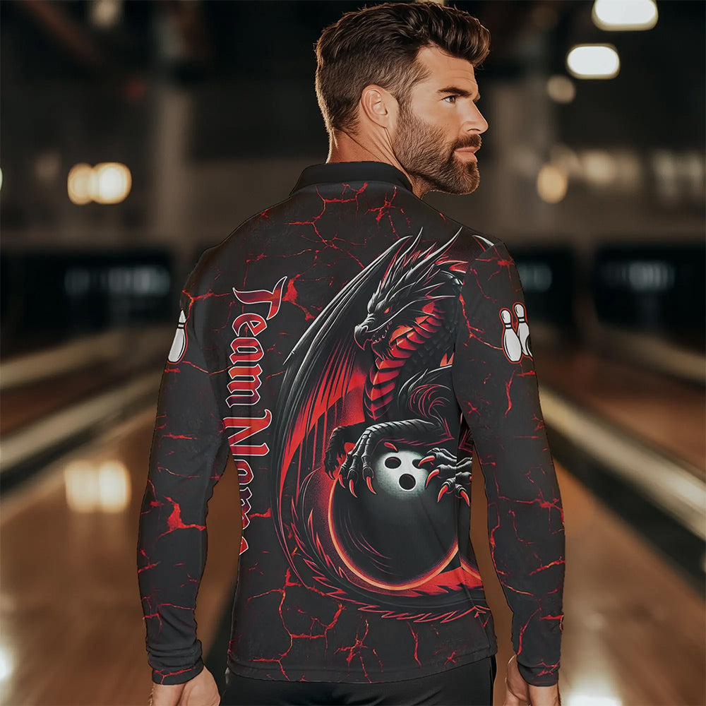 Black And Red Custom Dragon Bowling Shirts For Men, Dragon Bowling Team Shirts NQS9478