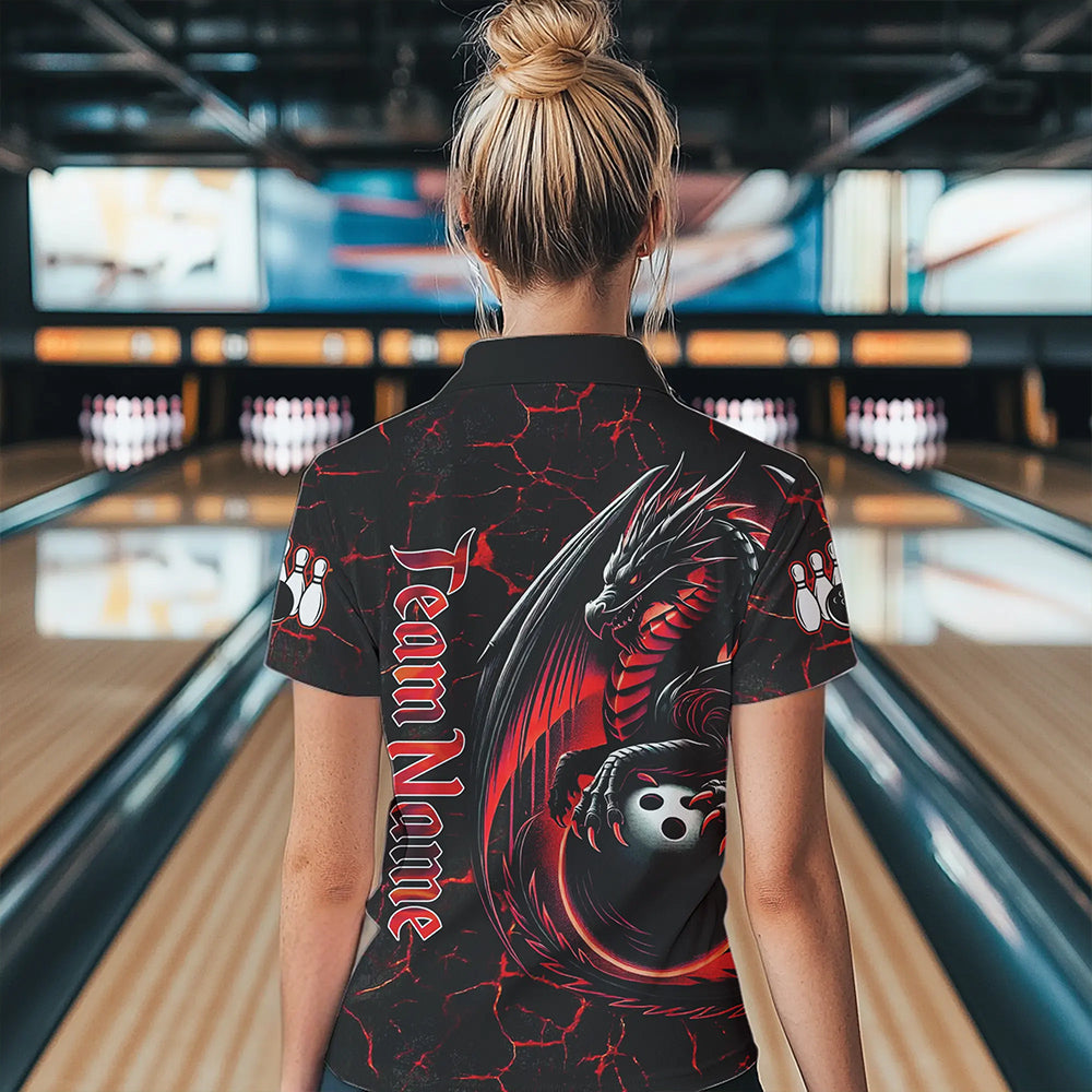 Black And Red Custom Dragon Bowling Shirts For Women, Dragon Bowling Team Shirts NQS9478