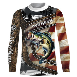 Largemouth Bass Fishing camo American flag patriotic Customize name Bass long sleeves fishing shirts NQS4856