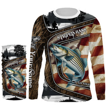 Load image into Gallery viewer, Striped Bass Fishing camo American flag patriotic Customize name striper long sleeve fishing shirts NQS4857