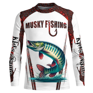 Musky fishing red camo Custom Name 3D Fishing Shirts UV Protection Gift For Fisherman NQS5167