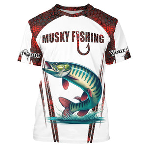 Musky fishing red camo Custom Name 3D Fishing Shirts UV Protection Gift For Fisherman NQS5167