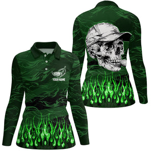 Womens golf polos shirts custom green camo flame golf skull team golf attire for ladies, golfing gifts NQS7430