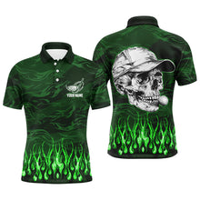 Load image into Gallery viewer, Mens golf polo shirts custom green camo flame golf skull team golf attire for mens, golfing gifts NQS7430