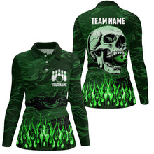 Load image into Gallery viewer, Women bowling polo shirts Custom Green camo Flame Skull Bowling Team Jerseys, gift for Bowlers NQS7431