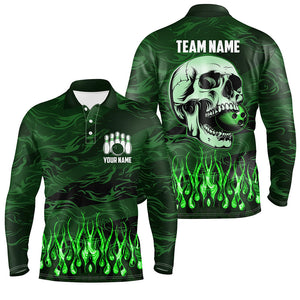 Mens bowling polo shirts Custom Green camo Flame Skull Bowling Team Jerseys, gift for Bowlers NQS7431