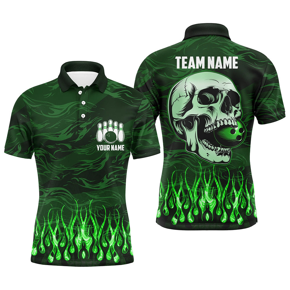 Mens bowling polo shirts Custom Green camo Flame Skull Bowling Team Jerseys, gift for Bowlers NQS7431