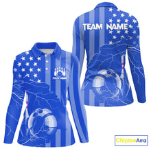 Load image into Gallery viewer, Personalized Blue American flag Lightning thunder Custom Bowling Team Shirts For Women Bowling Jersey NQS9857