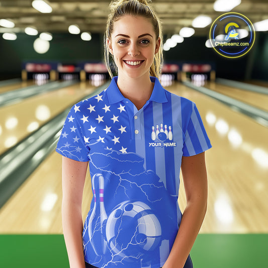 Personalized Blue American flag Lightning thunder Custom Bowling Team Shirts For Women Bowling Jersey NQS9857