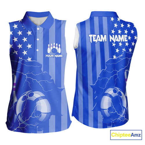 Personalized Blue American flag Lightning thunder Custom Bowling Sleeveless Polo shirt Bowling Jersey NQS9857