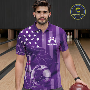 Personalized Purple American flag Lightning thunder Custom Bowling Team Shirts For Mens Bowling Jersey NQS9858