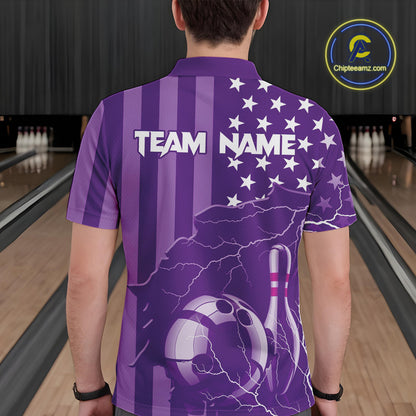 Personalized Purple American flag Lightning thunder Custom Bowling Team Shirts For Mens Bowling Jersey NQS9858