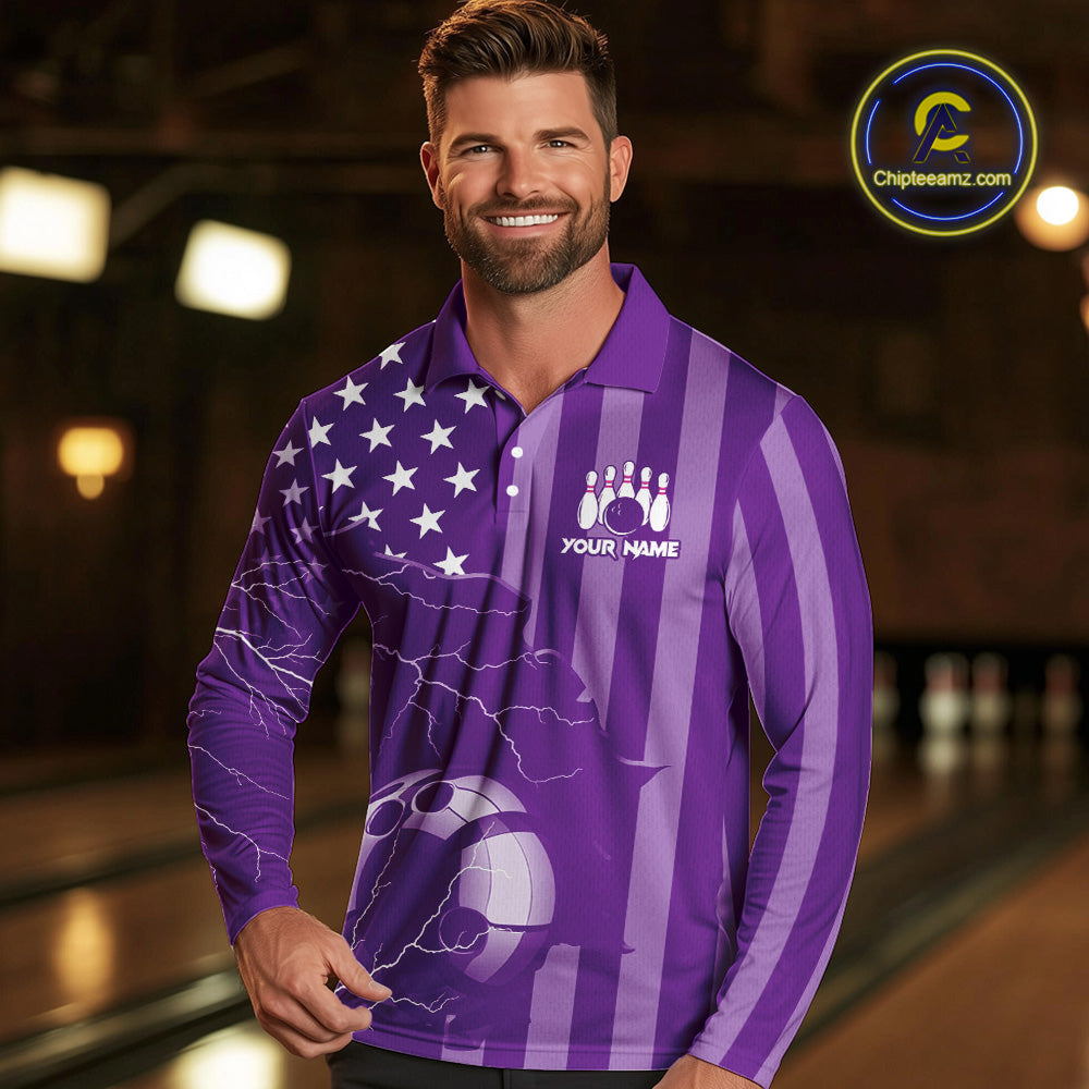 Personalized Purple American flag Lightning thunder Custom Bowling Team Shirts For Mens Bowling Jersey NQS9858