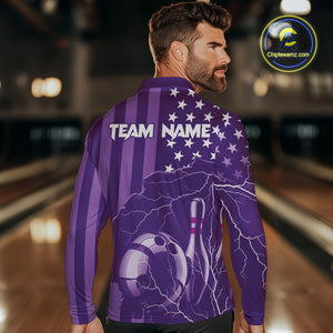 Personalized Purple American flag Lightning thunder Custom Bowling Team Shirts For Mens Bowling Jersey NQS9858