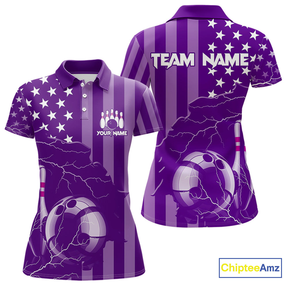 Personalized Purple American flag Lightning thunder Custom Women Bowling Team Shirts Bowling Jersey NQS9858