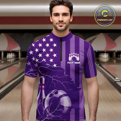 Personalized Purple American flag Lightning thunder Custom Bowling Team Shirts For Mens Bowling Jersey NQS9858