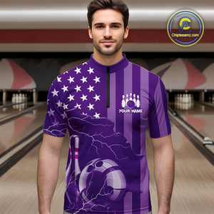 Personalized Purple American flag Lightning thunder Custom Bowling Team Shirts For Mens Bowling Jersey NQS9858