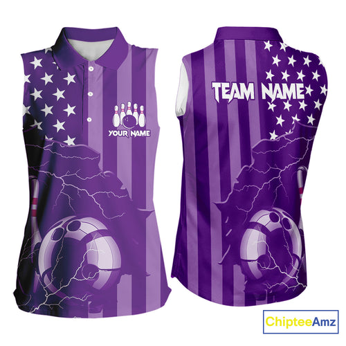 Personalized Purple American flag Lightning thunder Custom Women Bowling Sleeveless Polo shirt Jersey NQS9858