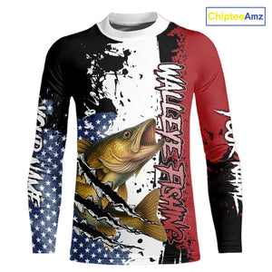 Red, white and blue Walleye fishing American Flag Custom patriotic Walleye fishing jerseys NQS9859