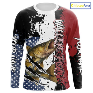 Red, white and blue Walleye fishing American Flag Custom patriotic Walleye fishing jerseys NQS9859