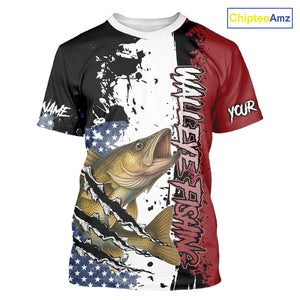 Red, white and blue Walleye fishing American Flag Custom patriotic Walleye fishing jerseys NQS9859