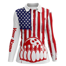 Load image into Gallery viewer, Womens bowling polo shirts custom American flag bowling ball pins team bowling jerseys for girl bowler NQS5415