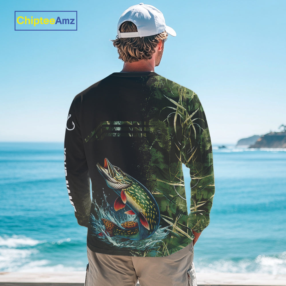 Northern Pike fishing camouflage Custom performance long sleeve Fishing Shirts, Pike Fishing jerseys NQS10082