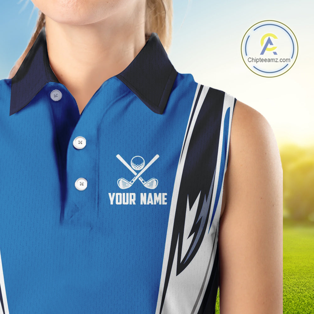 Blue and white Women sleeveless golf polo shirt custom golf attire for ladies, gifts for golf lovers NQS10085