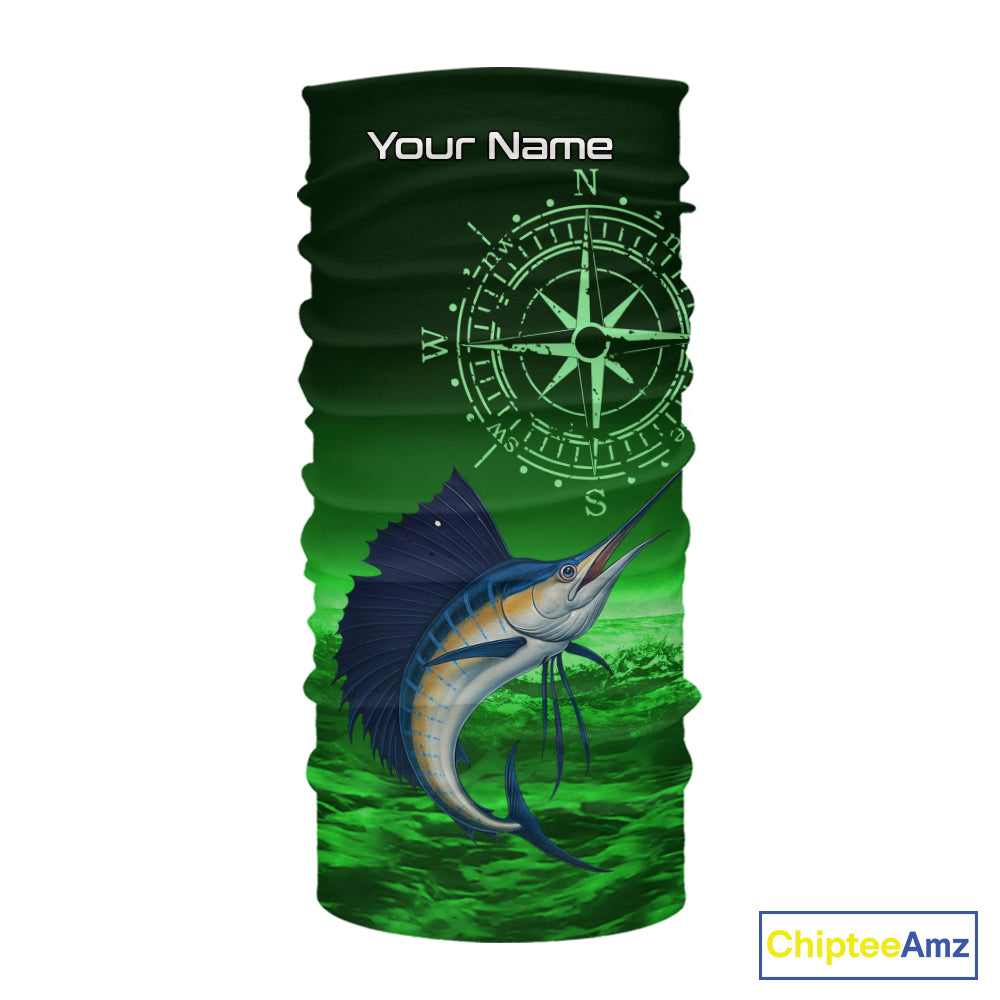 Personalized Sailfish Green Performance Fishing Shirts, compass Sailfish fishing tournament Shirts NQS10235
