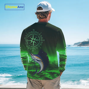 Personalized Sailfish Green Performance Fishing Shirts, compass Sailfish fishing tournament Shirts NQS10235