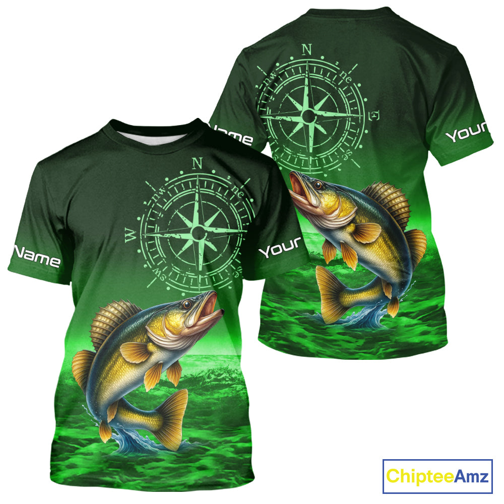 Personalized Walleye Green Performance Fishing Shirts, compass Walleye fishing tournament Shirts NQS10236