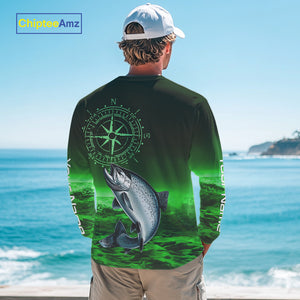 Personalized Salmon Green Performance Fishing Shirts, compass Salmon fishing tournament Shirts NQS10237