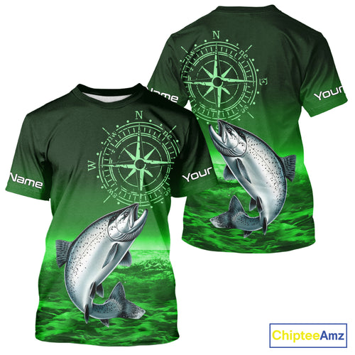 Personalized Salmon Green Performance Fishing Shirts, compass Salmon fishing tournament Shirts NQS10237
