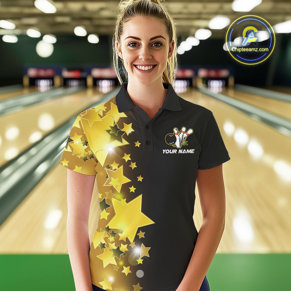 Women's bowling Polo, Quarter Zip shirts Custom Gold Stars Bowling Team Bowlers Jersey NQS10599