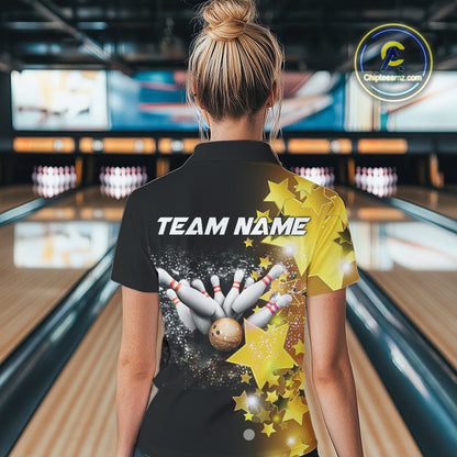 Women's bowling Polo, Quarter Zip shirts Custom Gold Stars Bowling Team Bowlers Jersey NQS10599