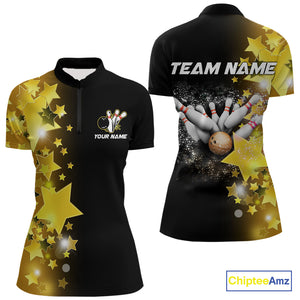 Women's bowling Polo, Quarter Zip shirts Custom Gold Stars Bowling Team Bowlers Jersey NQS10599