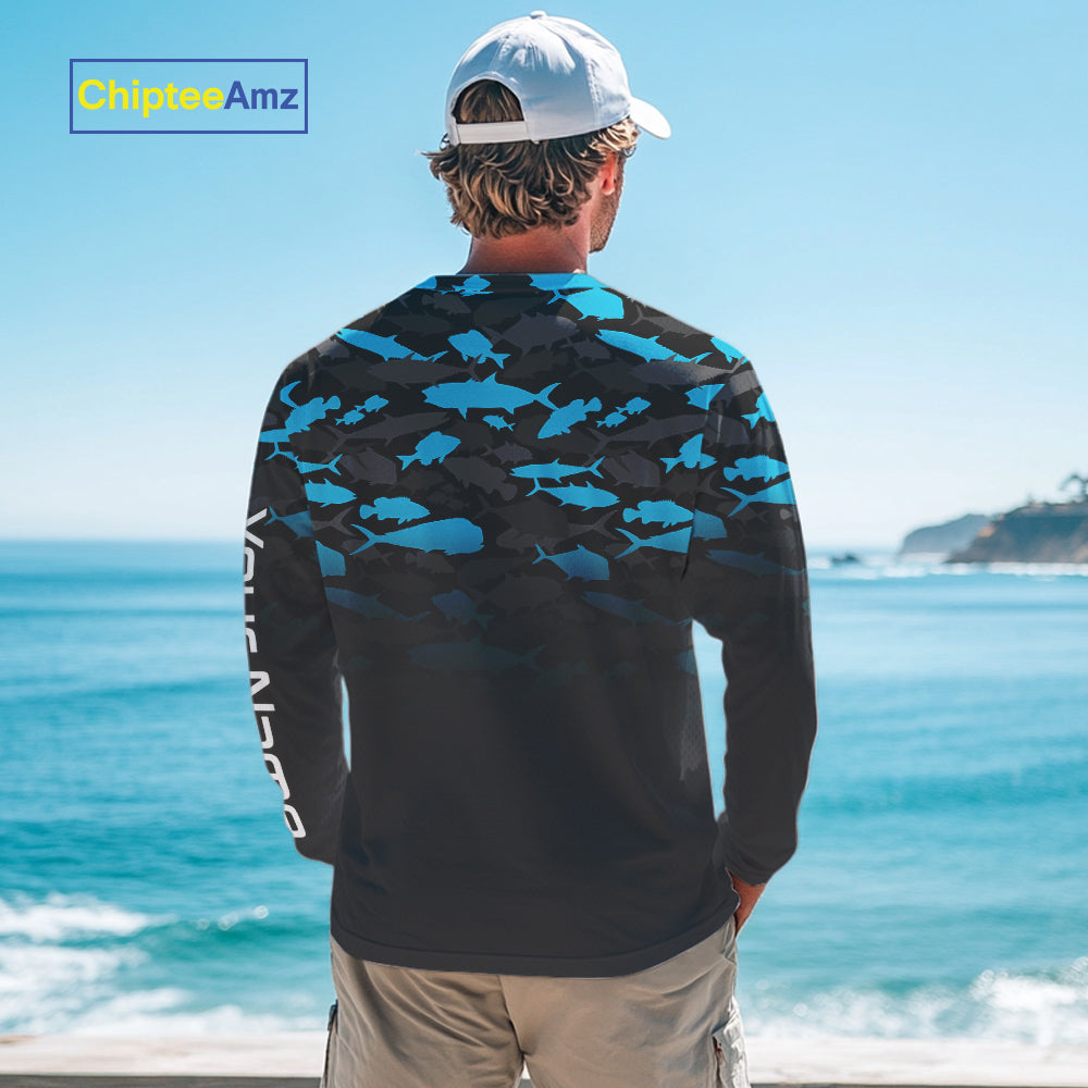 Fishing black and blue camouflage UV long sleeve hooded camo fishing shirts Custom fishing apparel NQS10600